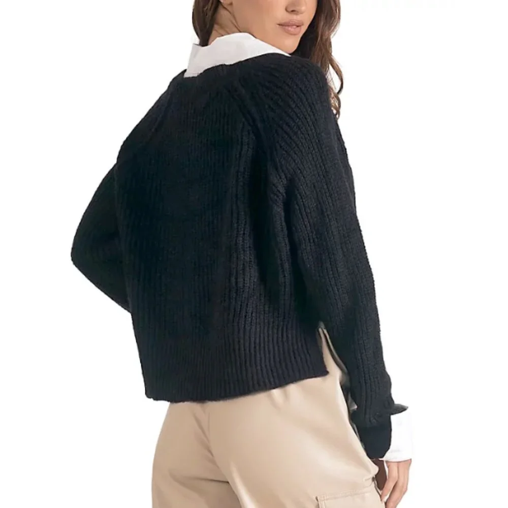 NWT ELAN Kasha Layered Collared V-Neck Cropped Sweater Shirt Black White Size S - Picture 2 of 9